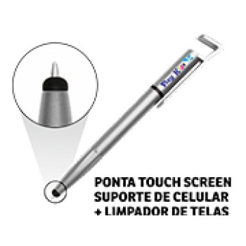 CANETAS PERSONALIZADAS IMPRESSAO COLORIDA PLASTICAS MULTIFUNCAO SUPORTE DE CELULAR PRATA Colorido frente - 25 un.