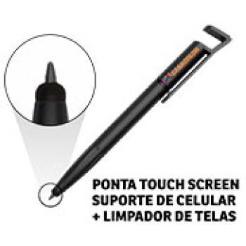 CANETAS PERSONALIZADAS IMPRESSAO COLORIDA PLASTICAS MULTIFUNCAO SUPORTE DE CELULAR PRETA Colorido frente - 10 un.