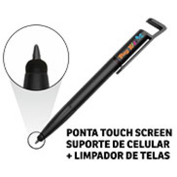 CANETAS PERSONALIZADAS IMPRESSAO COLORIDA PLASTICAS MULTIFUNCAO SUPORTE DE CELULAR PRETA Colorido frente - 25 un.